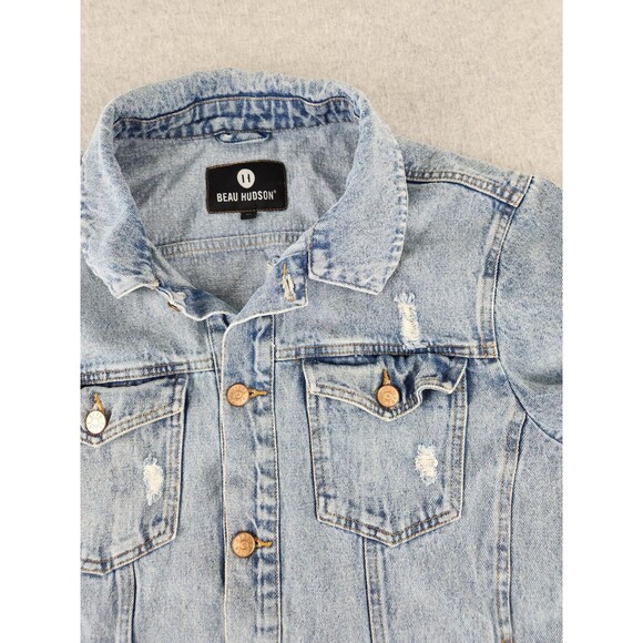 Beau‎ Hudson Men's Medium Light Blue Distressed Button Up Denim Jean Jacket Coat - Picture 6 of 14